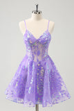 Sparkly Lilac A-Line Spaghetti Straps Sequins Corset Prom Dress