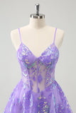 Sparkly Lilac A-Line Spaghetti Straps Sequins Corset Prom Dress