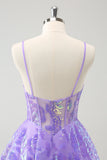 Sparkly Lilac A-Line Spaghetti Straps Sequins Corset Prom Dress