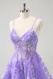 Sparkly Lilac A-Line Spaghetti Straps Sequins Corset Prom Dress