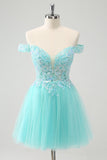 Sparkly Light Blue A Line Off The Shoulder Short Prom Dress