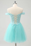 Sparkly Light Blue A Line Off The Shoulder Short Prom Dress