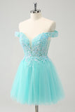 Sparkly Light Blue A Line Off The Shoulder Short Prom Dress