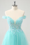 Sparkly Light Blue A Line Off The Shoulder Short Prom Dress