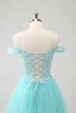 Sparkly Light Blue A Line Off The Shoulder Short Prom Dress