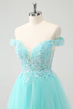 Sparkly Light Blue A Line Off The Shoulder Short Prom Dress