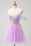 A Line Lilac Off the Shoulder Sequined Prom Dress