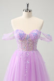 A Line Lilac Off the Shoulder Sequined Prom Dress