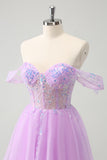 A Line Lilac Off the Shoulder Sequined Prom Dress