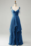 Ink Blue A-Line Corset Chiffon Ruffled Bridesmaid Dress