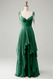 Matcha A-Line Spaghetti Straps Chiffon Bridesmaid Dress with Ruffles