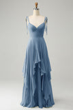 Matcha A-Line Spaghetti Straps Chiffon Bridesmaid Dress with Ruffles