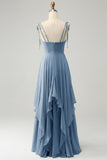 Matcha A-Line Spaghetti Straps Chiffon Bridesmaid Dress with Ruffles