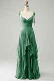 Matcha A-Line Spaghetti Straps Chiffon Bridesmaid Dress with Ruffles