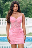 Sparkly Pink Corset Tight Short Prom Dress with Lace