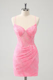 Pink Spaghetti Straps Tight Corset Prom Dress with Lace Up Back