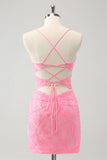 Pink Spaghetti Straps Tight Corset Prom Dress with Lace Up Back