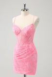 Pink Spaghetti Straps Tight Corset Prom Dress with Lace Up Back