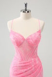 Pink Spaghetti Straps Tight Corset Prom Dress with Lace Up Back