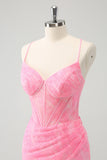 Pink Spaghetti Straps Tight Corset Prom Dress with Lace Up Back