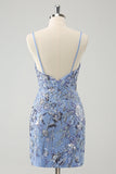 Grey Blue Spaghetti Straps Sequined Tight Prom Dress