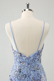 Grey Blue Spaghetti Straps Sequined Tight Prom Dress