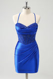 Sparkly Royal Blue Tight Corset Short Prom Dress with Lace Up Back