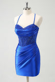 Sparkly Royal Blue Tight Corset Short Prom Dress with Lace Up Back