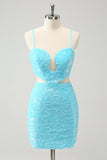 Sparkly Light Blue Spaghetti Straps Sequin Tight Prom Dress with Hollow Out