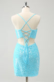 Sparkly Light Blue Spaghetti Straps Sequin Tight Prom Dress with Hollow Out