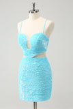 Sparkly Light Blue Spaghetti Straps Sequin Tight Prom Dress with Hollow Out