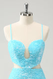 Sparkly Light Blue Spaghetti Straps Sequin Tight Prom Dress with Hollow Out