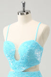 Sparkly Light Blue Spaghetti Straps Sequin Tight Prom Dress with Hollow Out