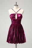 Purple A Line Halter Keyhole Pleated Backless Short Prom Dress