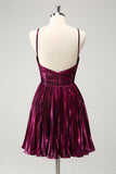 Purple A Line Halter Keyhole Pleated Backless Short Prom Dress