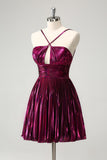 Purple A Line Halter Keyhole Pleated Backless Short Prom Dress