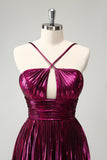 Purple A Line Halter Keyhole Pleated Backless Short Prom Dress