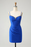 Royal Blue Tight Corset Spaghetti Straps Short Prom Dress with Rhinestone