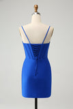 Royal Blue Tight Corset Spaghetti Straps Short Prom Dress with Rhinestone