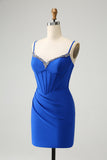 Royal Blue Tight Corset Spaghetti Straps Short Prom Dress with Rhinestone