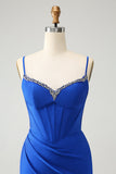 Royal Blue Tight Corset Spaghetti Straps Short Prom Dress with Rhinestone