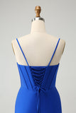 Royal Blue Tight Corset Spaghetti Straps Short Prom Dress with Rhinestone