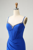 Royal Blue Tight Corset Spaghetti Straps Short Prom Dress with Rhinestone