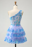 Pretty Light Blue A-Line One Shoulder Tiered Sequined Prom Dress