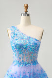 Pretty Light Blue A-Line One Shoulder Tiered Sequined Prom Dress