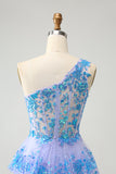 Pretty Light Blue A-Line One Shoulder Tiered Sequined Prom Dress