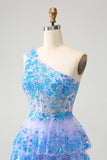 Pretty Light Blue A-Line One Shoulder Tiered Sequined Prom Dress