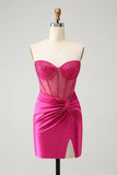 Fuchsia Tight Beaded Corset Strapless Satin Prom Dress with Slit