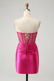 Fuchsia Tight Beaded Corset Strapless Satin Prom Dress with Slit