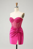 Fuchsia Tight Beaded Corset Strapless Satin Prom Dress with Slit